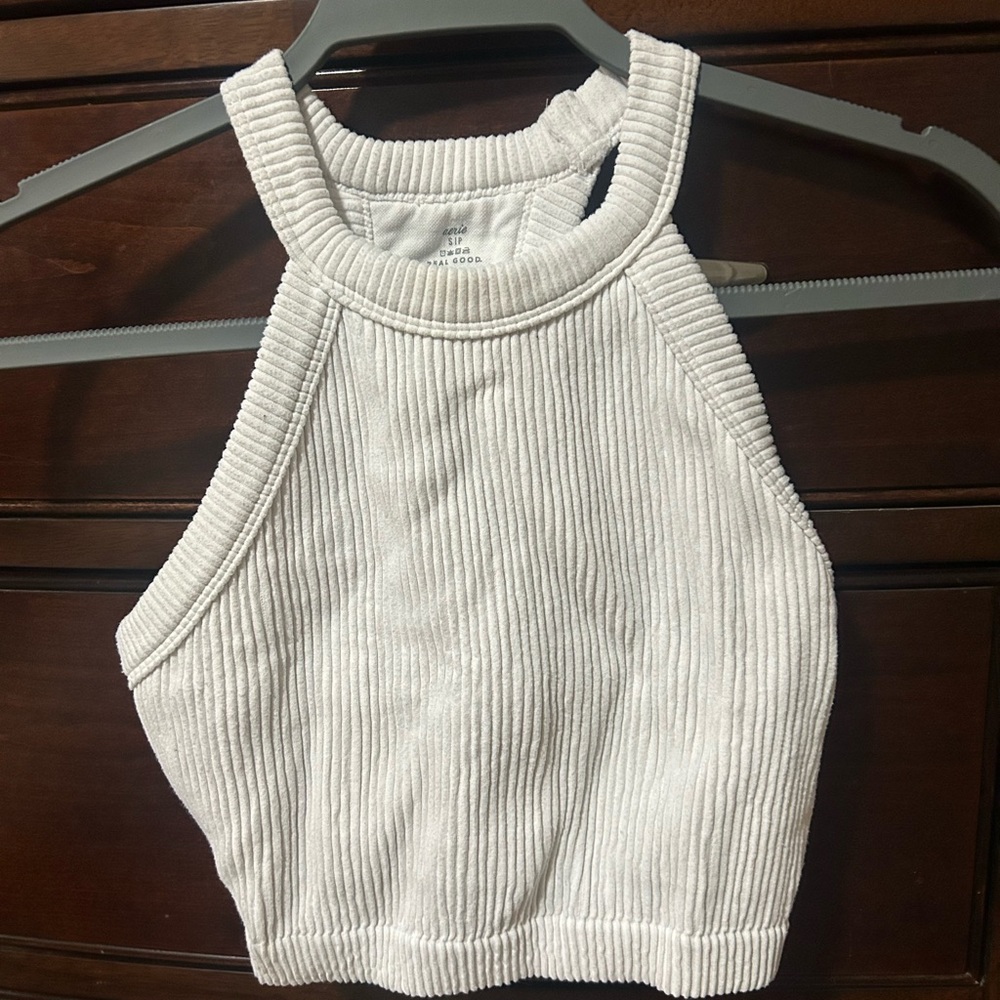 Aerie White Ribbed Sleeveless Crop Tank